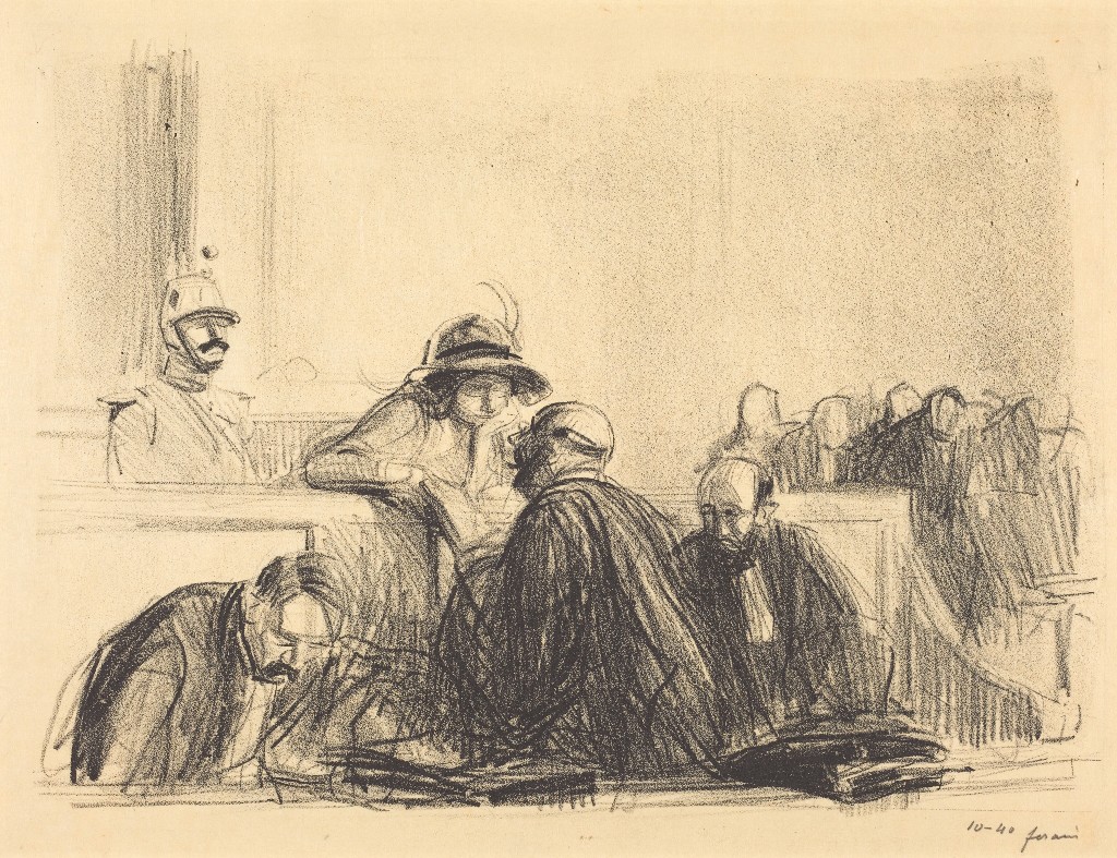 Historical courtroom sketch of a lawyer speaking with a client