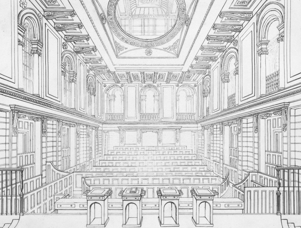 Architectural line drawing of a courtroom interior