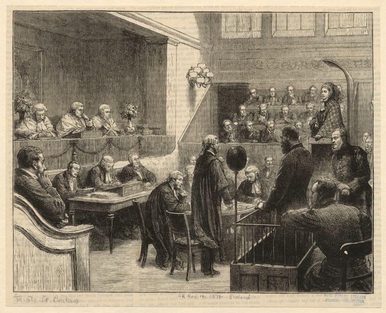 Historical engraving of a courtroom trial in session